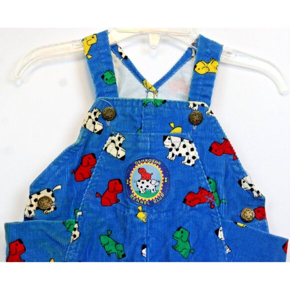 VTG Oshkosh Kennel Club Baby Boy 3-6 Mths Corduroy Overalls Romper Dogs Blue USA - Picture 2 of 12
